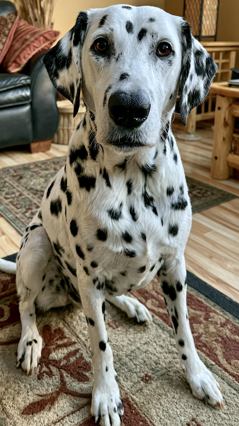 A Dalmation dog with a predominantly white coat decorated with black spots, sitting attentively on a decorative rug in a cozy living room setting.