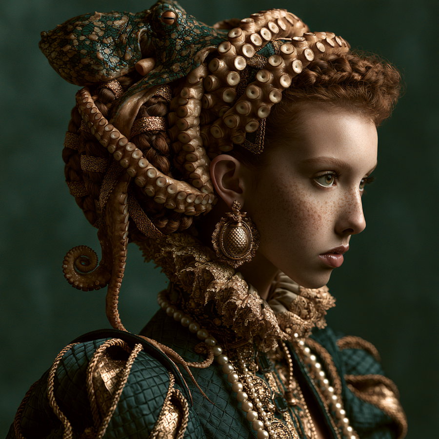 A female character adorned with sea creature motifs, featuring intricate hairstyles and ornate clothing, set against a dark, textured background.