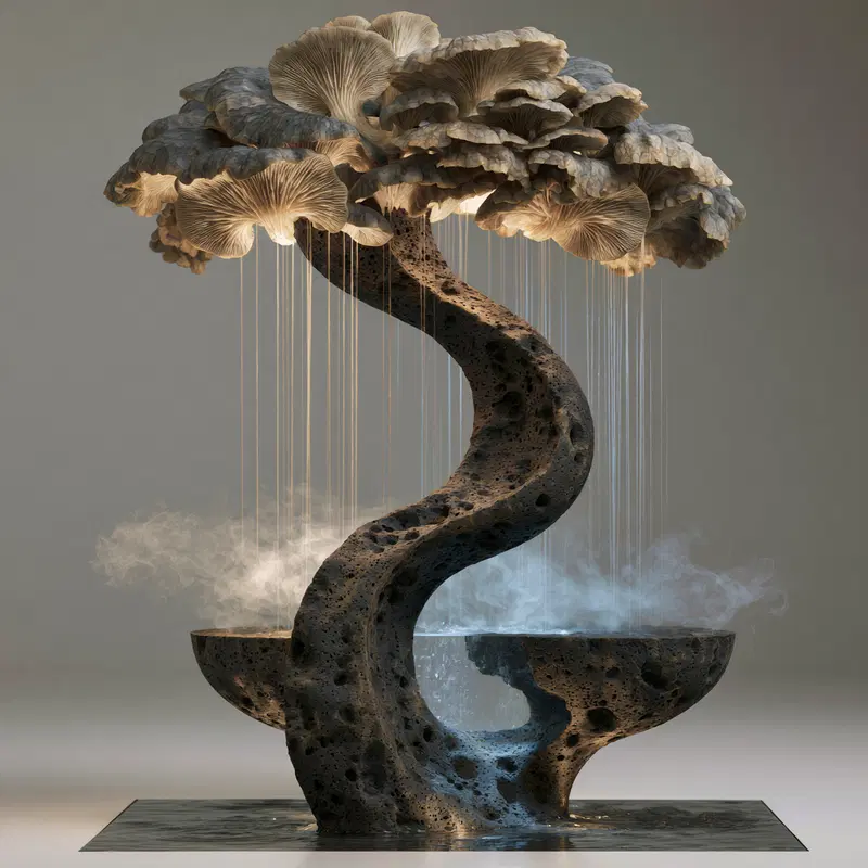 A Surreal Water Feature with a Mushroom Tree Design