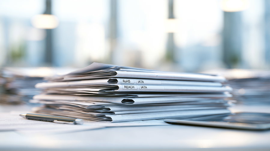 A pile of papers labeled 'RoHS', 'REACH', and 'DATA' on a desk, with a blurred office background.