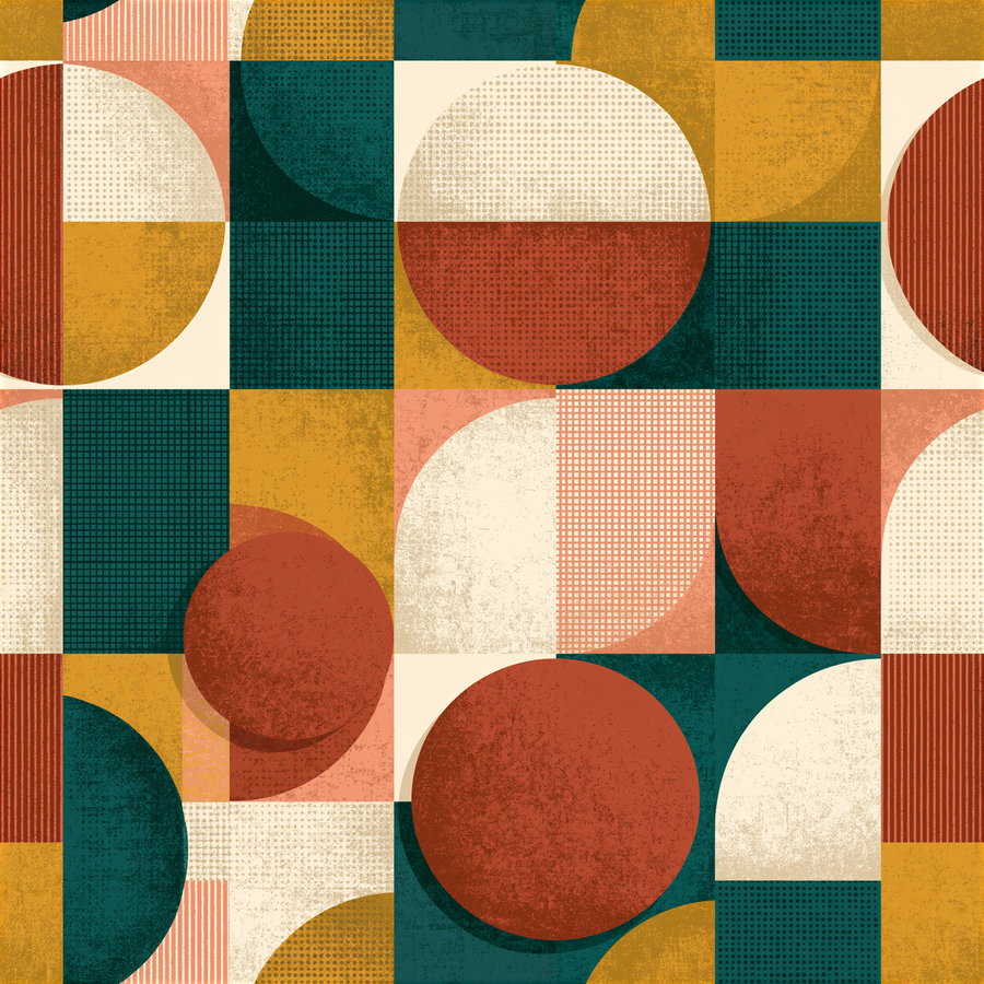 A pattern featuring various geometric shapes including circles and rectangles in warm colors like orange, yellow, and teal, with a textured appearance.