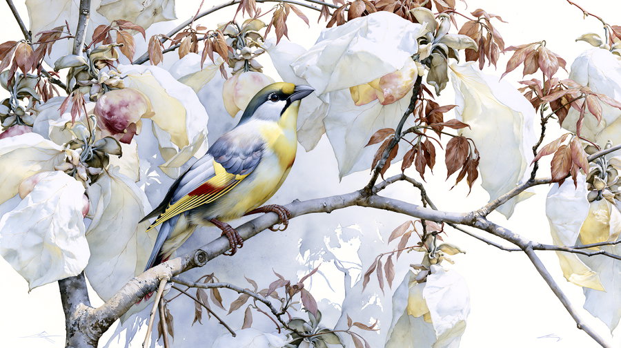 A colorful bird perched on a branch with pale leaves and fruit.