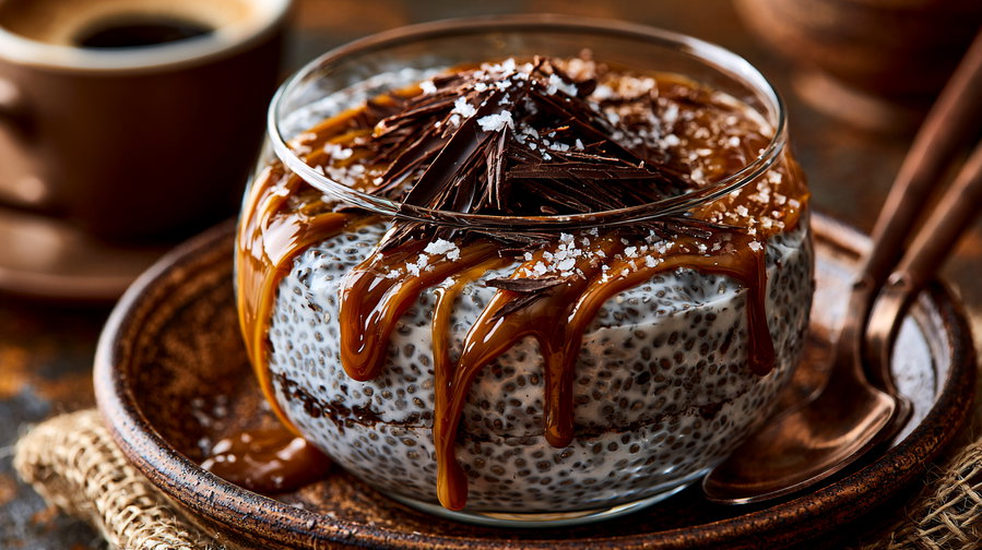 A close-up of a glass bowl filled with chia seed pudding topped with chocolate shavings, caramel drizzle, and sea salt, placed on a rustic wooden surface with a spoon and a coffee cup in the background.