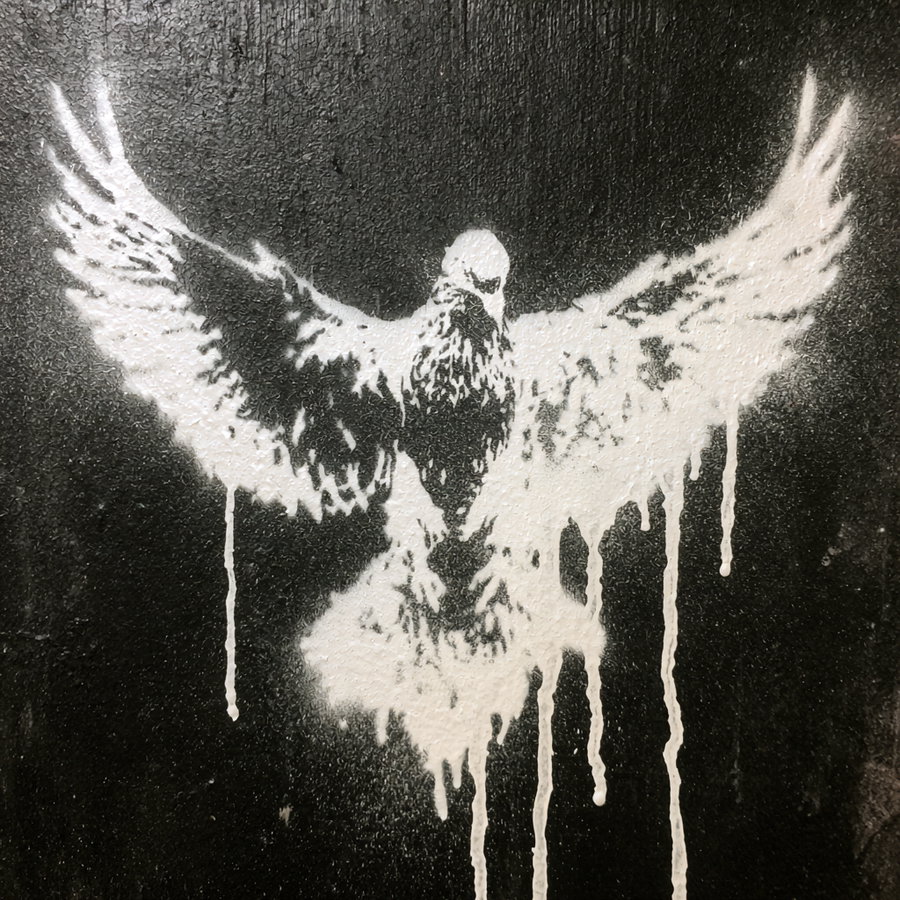 A striking black and white graffiti depiction of a bird with outstretched wings, featuring drip effects on a dark background.