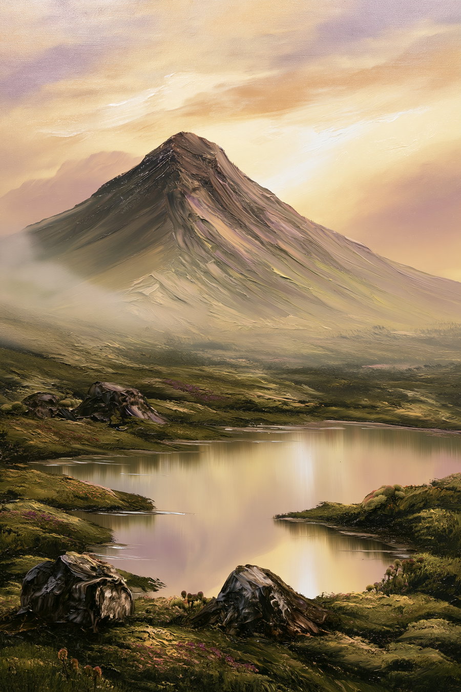 A majestic mountain under a soft sunrise, surrounded by lush greenery and a calm lake reflecting the landscape.