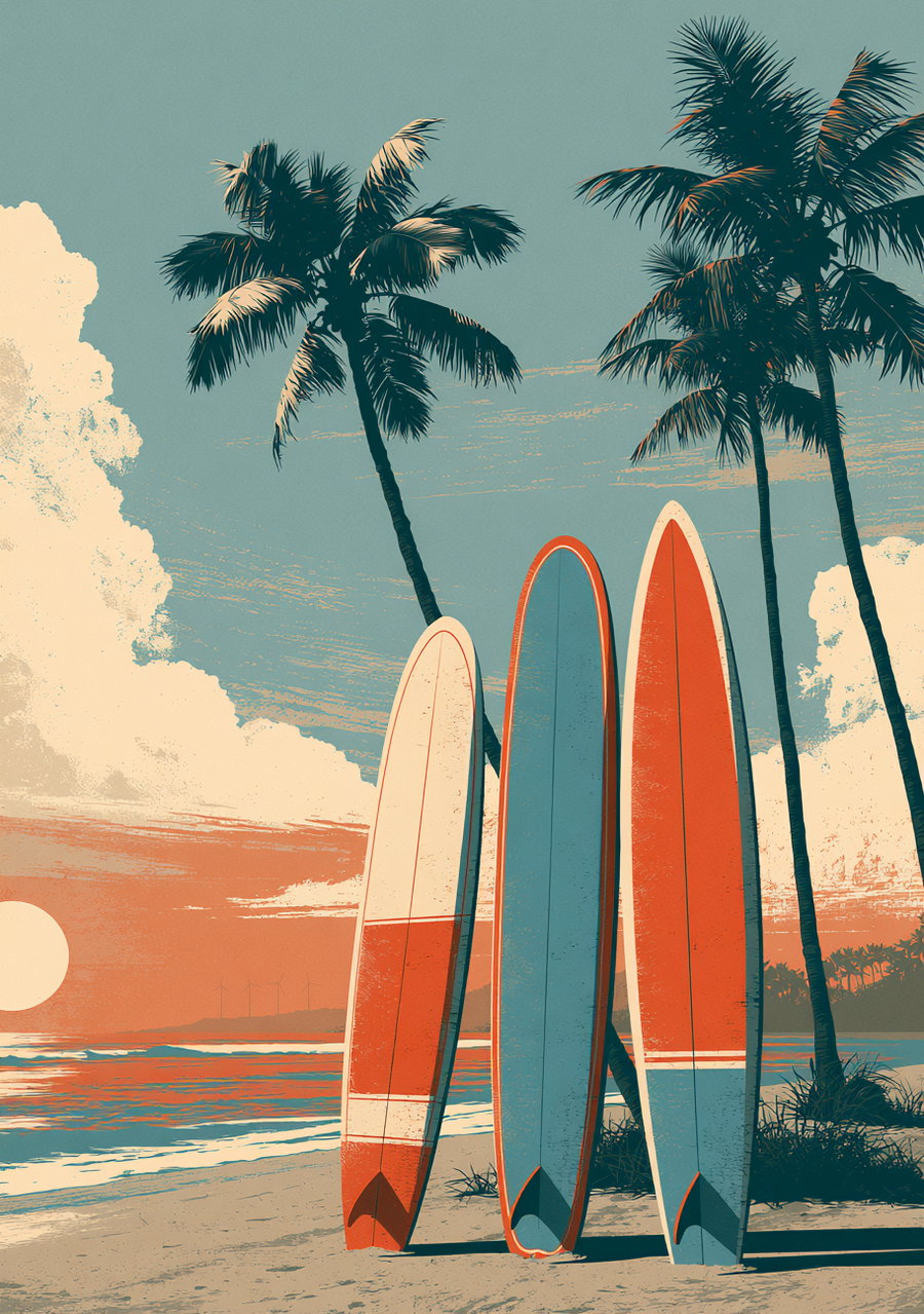 Three surfboards lined up on a beach with palm trees and a sunset in the background.