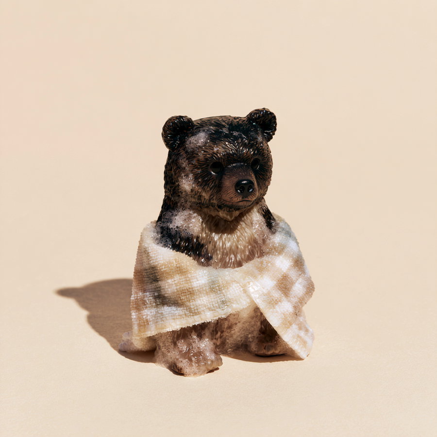 A bear figurine with textured fur wrapped in a checkered blanket, set against a beige background.