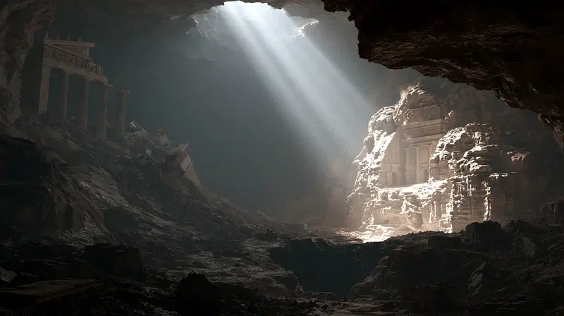 Mysterious Cave with Ancient Ruins and Dramatic Lighting
