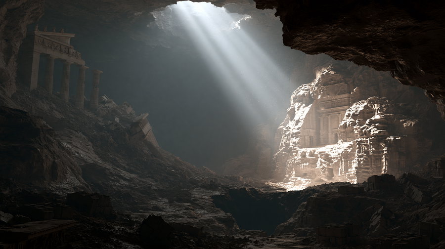 A dark cave scene illuminated by beams of light, revealing ancient ruins and rocky terrain.