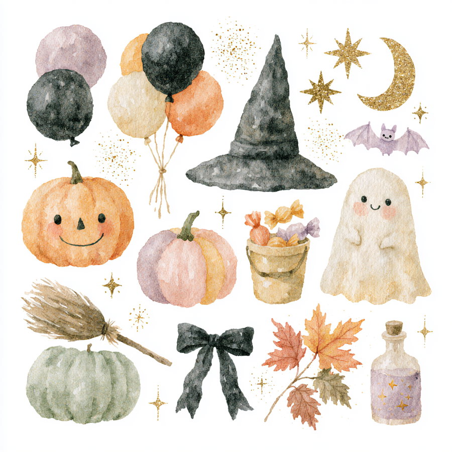 A collection of Halloween-themed watercolor illustrations including pumpkins, balloons, a witch's hat, a ghost, a broom, and autumn leaves.