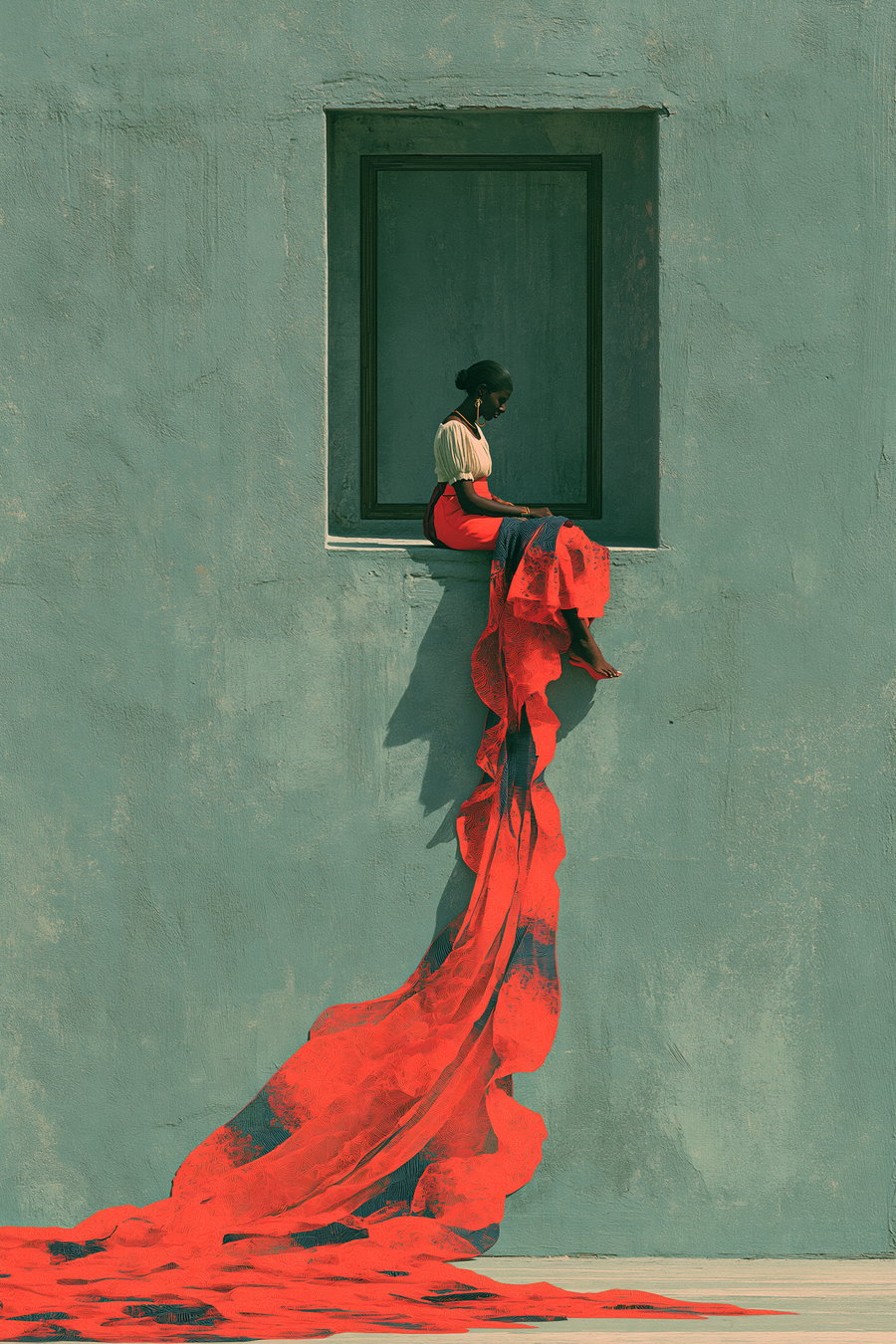 A woman sitting on a ledge by a window, wearing a white top and a flowing red skirt that cascades down the wall.