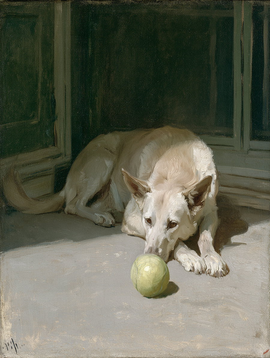 A light-colored dog lying on the floor, gazing at a green ball.