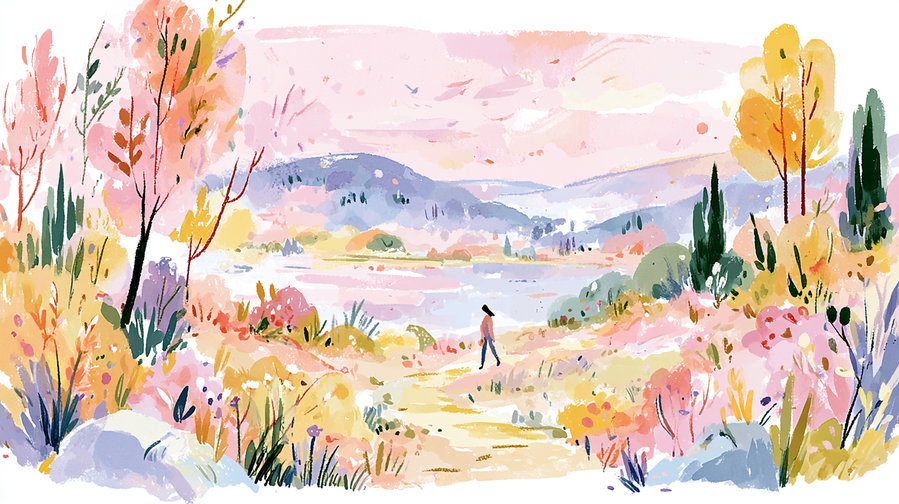 A vibrant landscape depicting a walking figure among colorful flowers and trees, set against a soft, pastel sky.