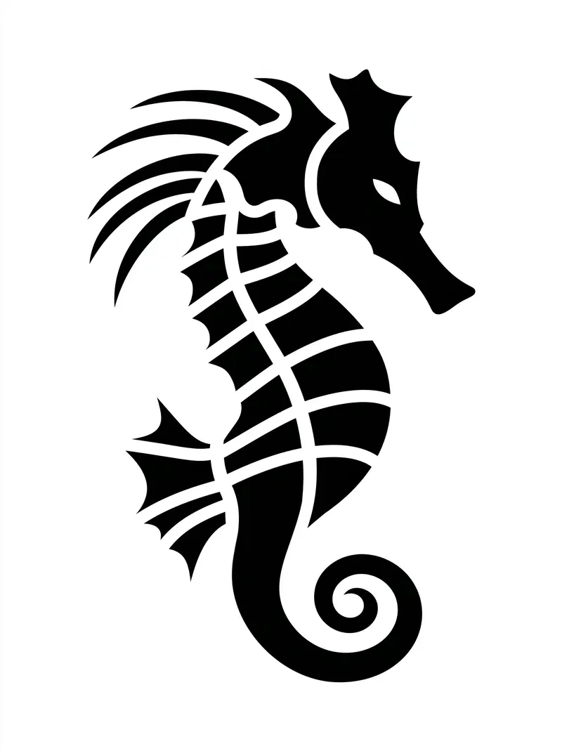 Stylized Black Seahorse Design with Intricate Lines