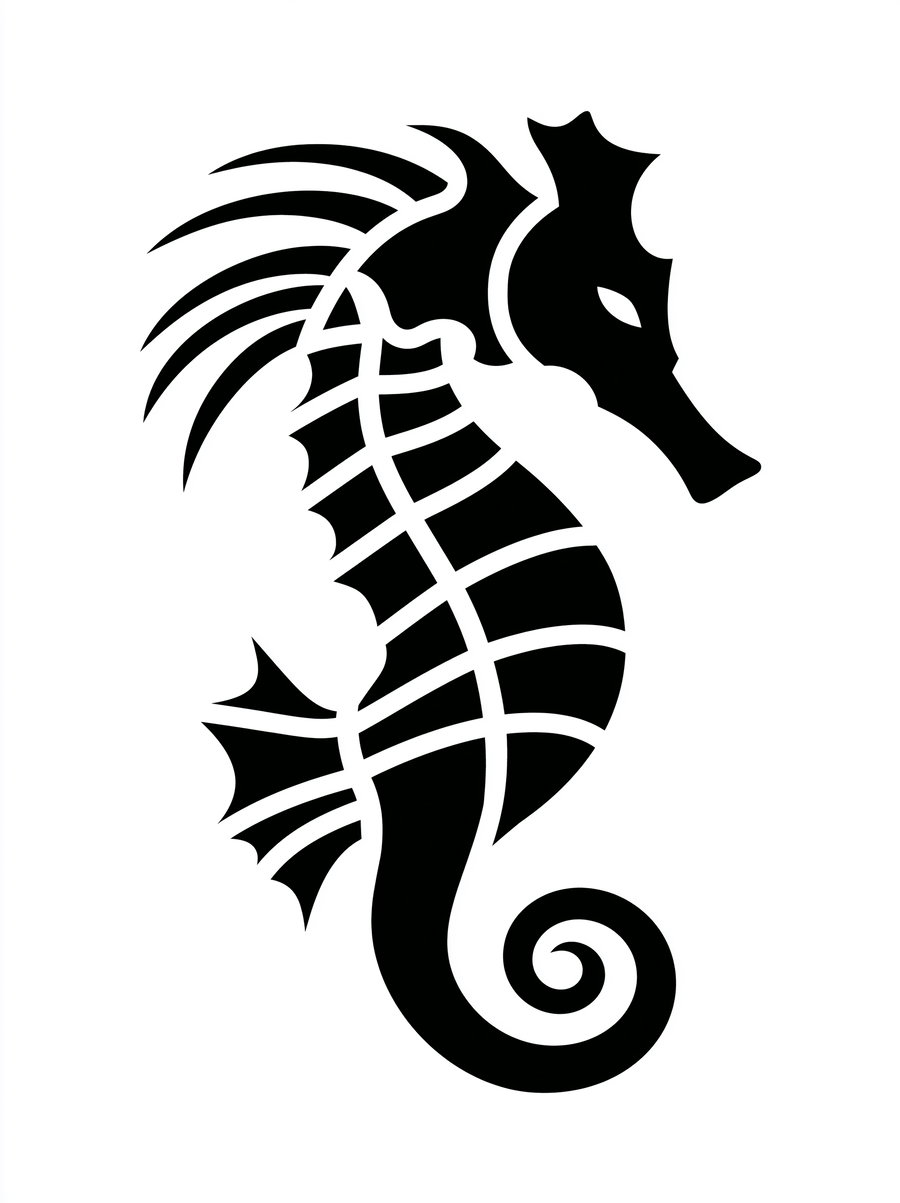 A black silhouette of a seahorse with decorative lines and shapes.