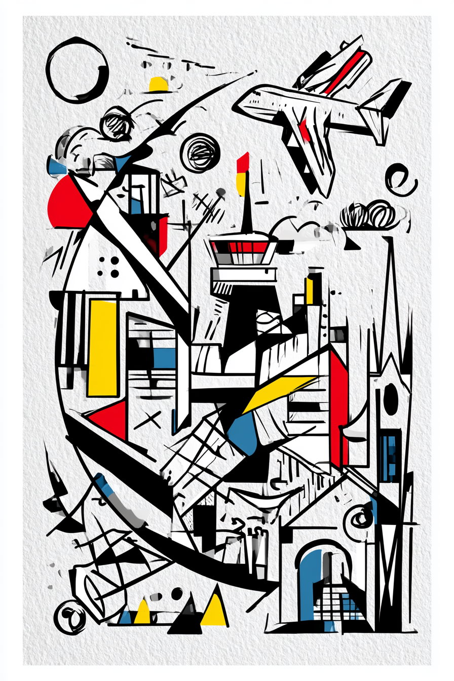 An abstract artwork featuring geometric shapes, an airplane, and architectural structures, using a bold color palette of red, yellow, blue, and black on a textured white background.