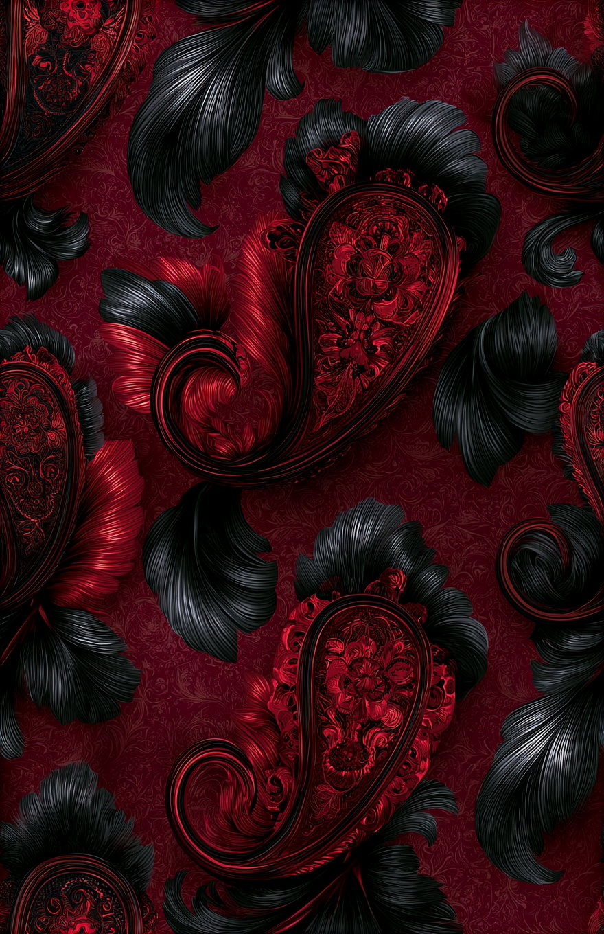 A detailed floral pattern featuring black and red swirls and leaves on a rich red background.