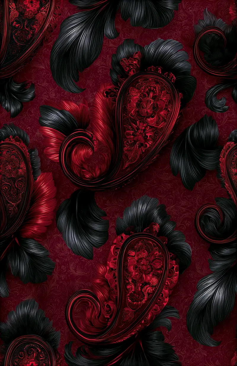 Intricate Black and Red Floral Pattern Design on a Deep Red Background