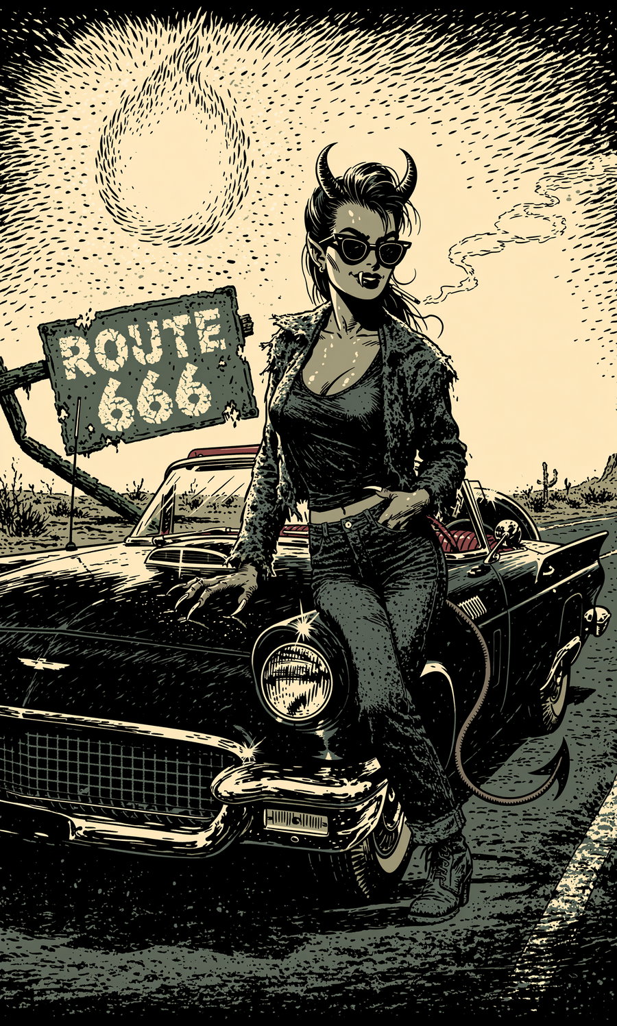 A devilish woman with horns and sunglasses leaning on a vintage car next to a Route 666 sign.