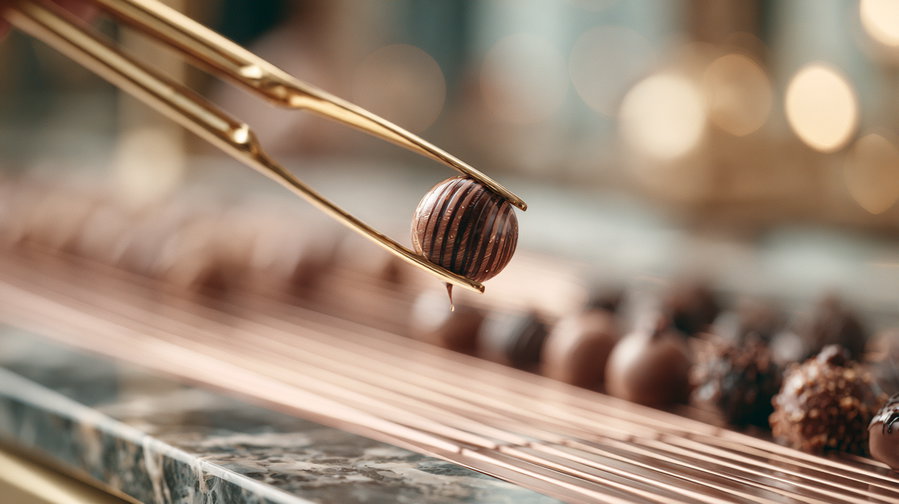 Close-up of a hand using golden tongs to hold a chocolate truffle over a marble surface decorated with more truffles.
