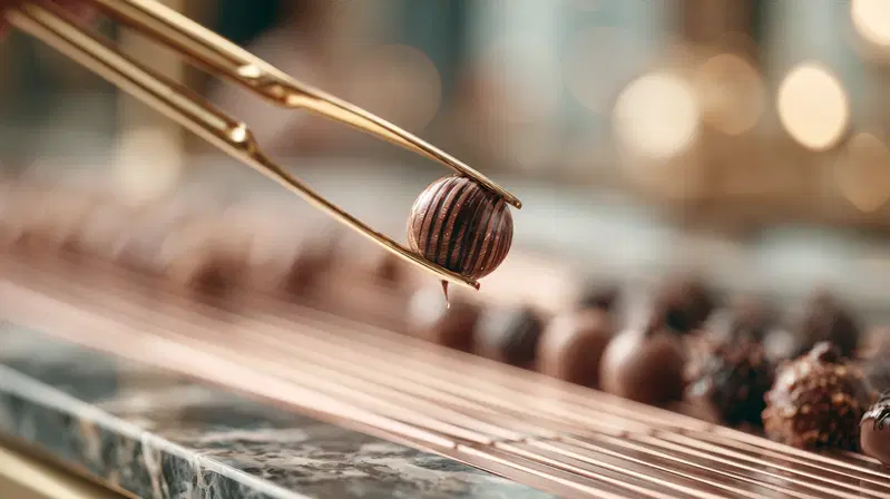 Elegantly Presented Chocolate Truffles with Golden Tongs