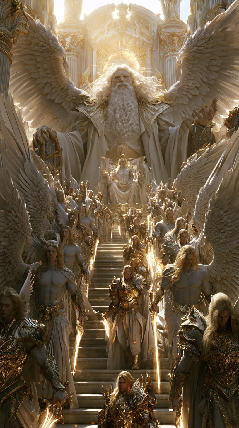 A majestic scene depicting numerous angels with large wings, adorned in golden armor, descending grand stairs toward a throne, illuminated by a heavenly light.