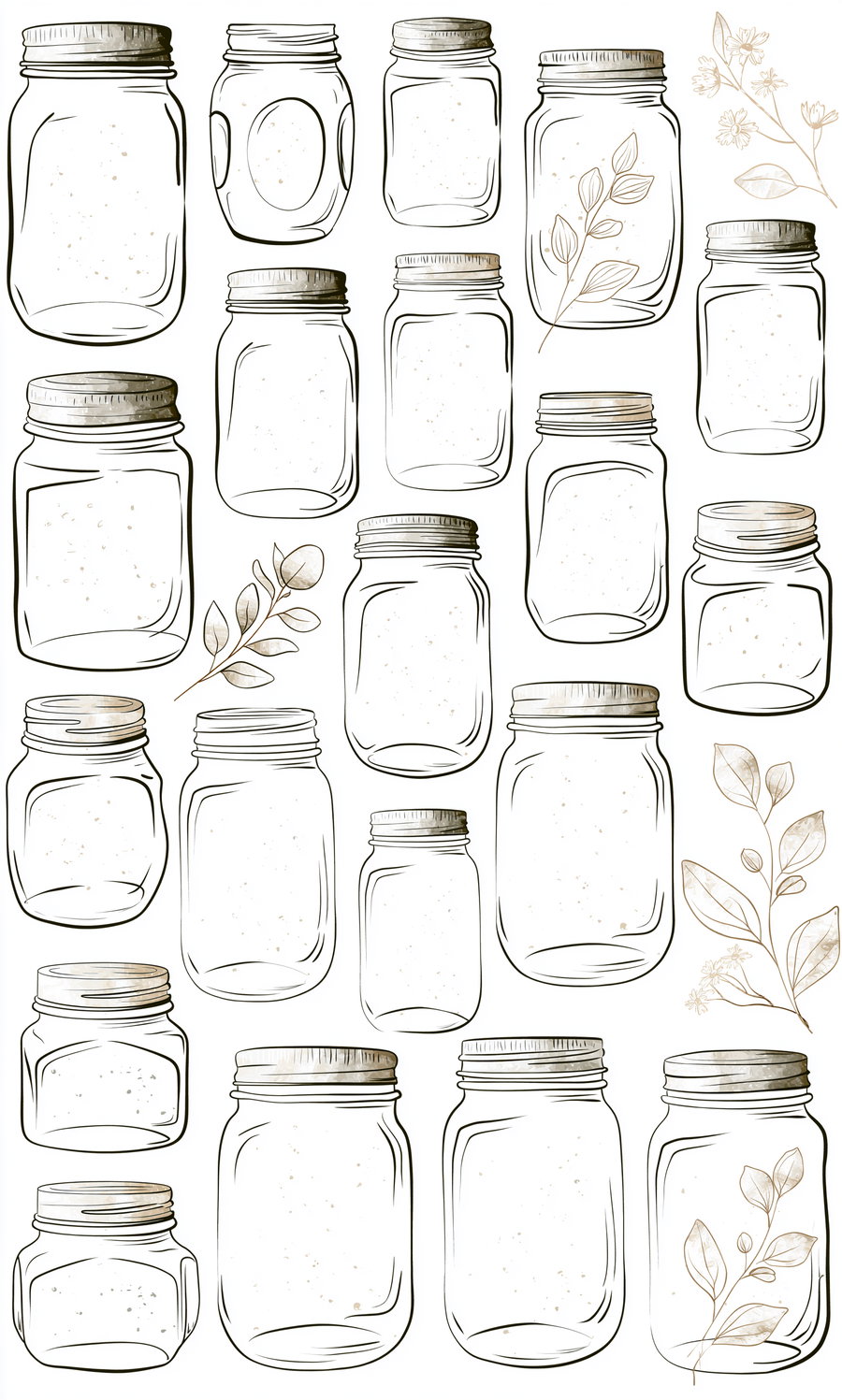 A pattern featuring hand-drawn jar illustrations, some with floral elements and leaves, arranged in a grid format.