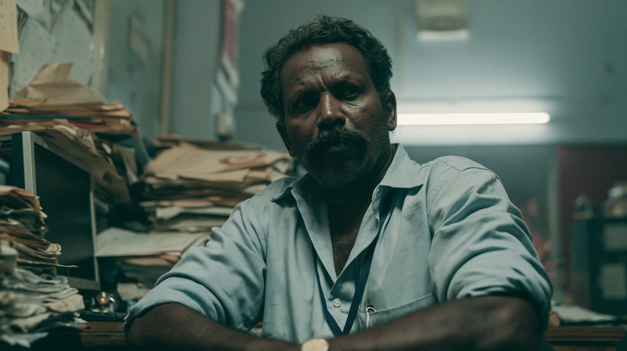 A man sitting at a desk surrounded by piles of papers, showing a serious expression.