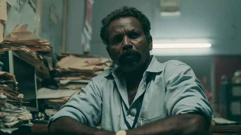 A Thoughtful Man in a Cluttered Office Setting