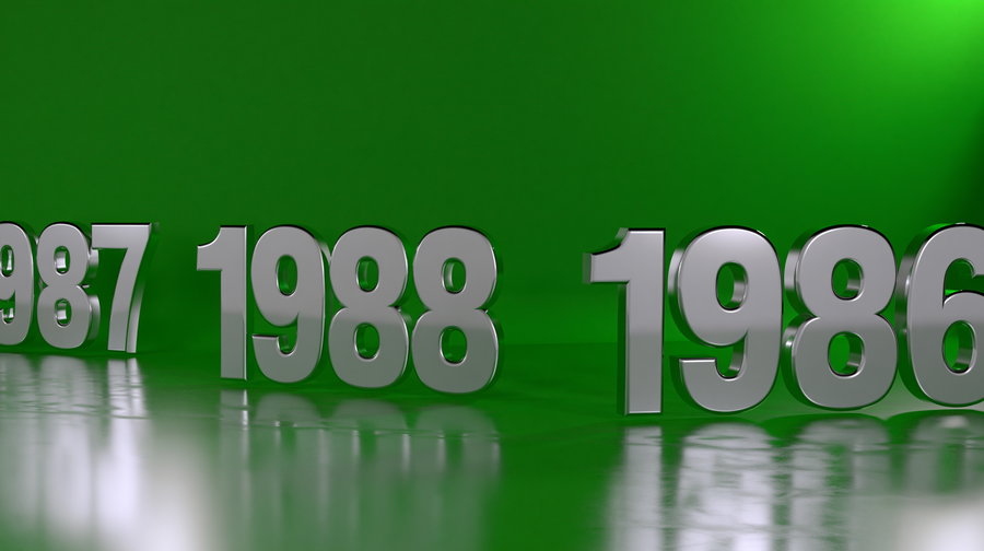 Three-dimensional reflective numbers 1986, 1987, 1988 on a green backdrop