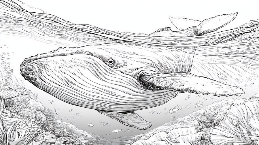 A detailed line drawing of a whale swimming in clear water surrounded by aquatic plants.