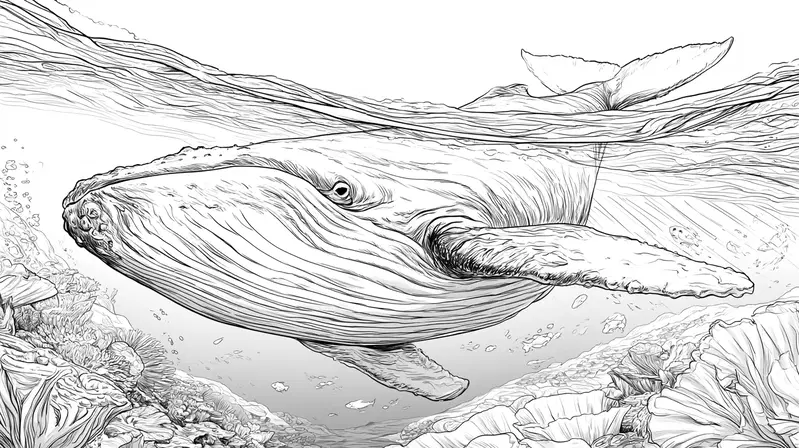 Intricate Line Drawing of a Whale Swimming Underwater