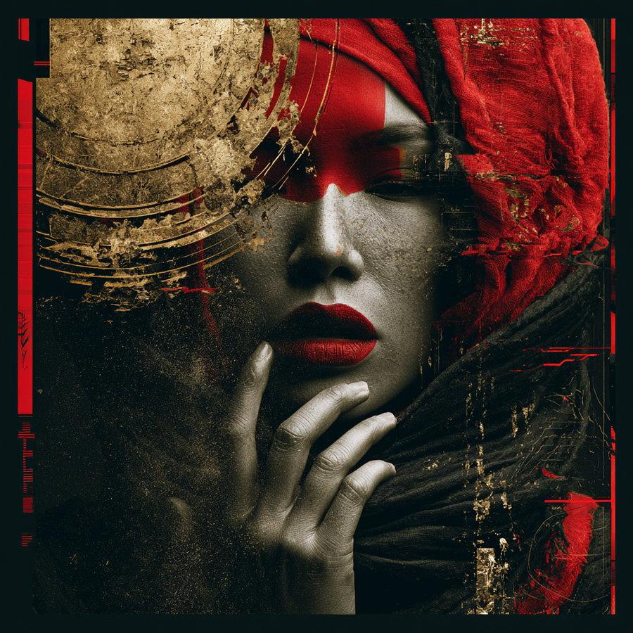 A close-up of a woman with bold red makeup and a textured black scarf, set against a background of grunge textures and abstract shapes.