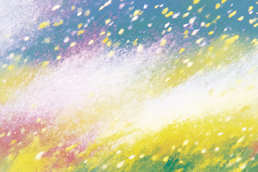 An abstract painting featuring a soft blend of pastel colors including pink, yellow, and blue with a textured appearance.