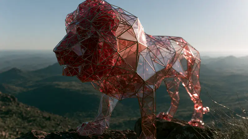 Geometric Lion Sculpture Against a Serene Mountain Landscape