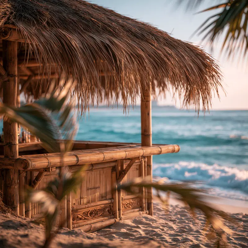 Serene Beach Hut Overlooking Calm Waters at Sunset