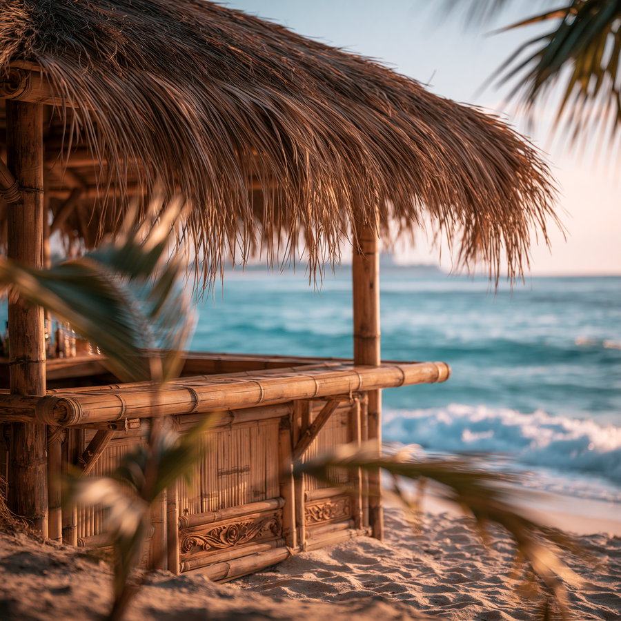 A beach hut with a thatched roof, framed by palm leaves, near calm ocean waters at sunset.