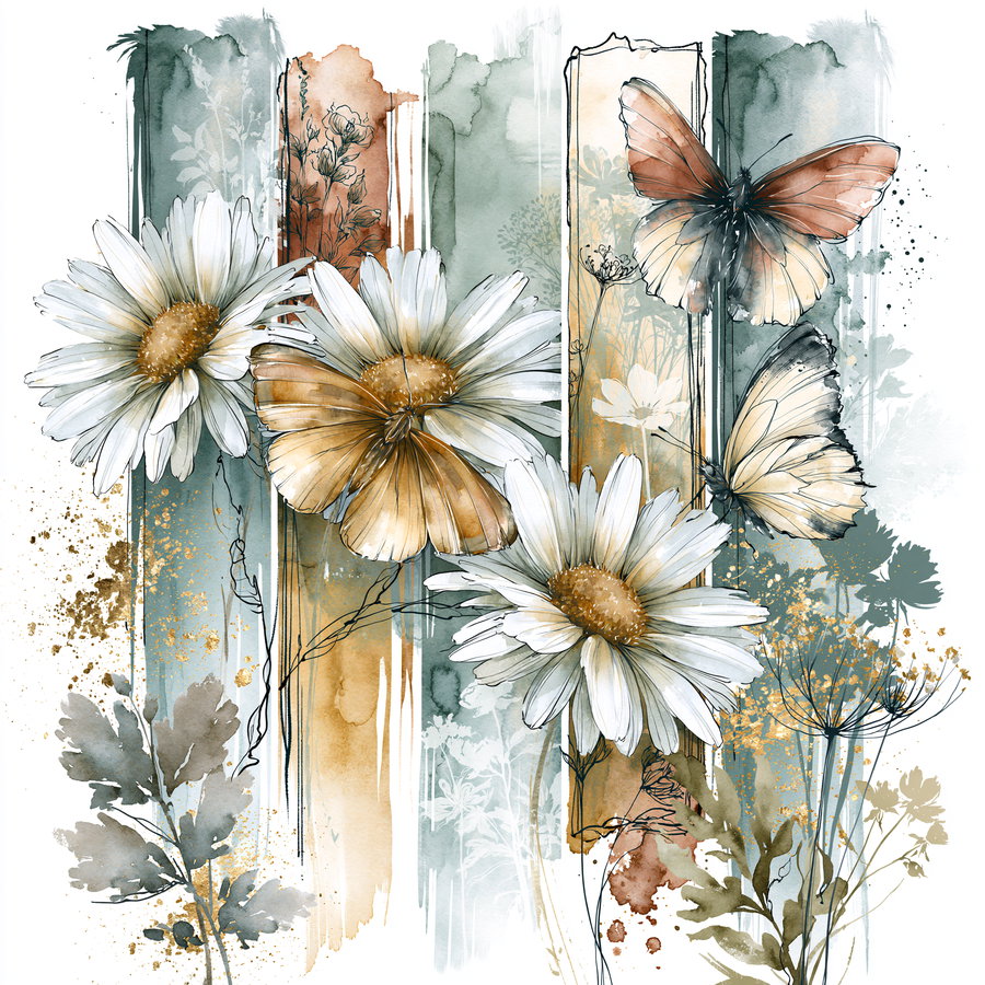 A watercolor artwork featuring daisies and butterflies amidst soft, colorful backgrounds and intricate botanical elements.