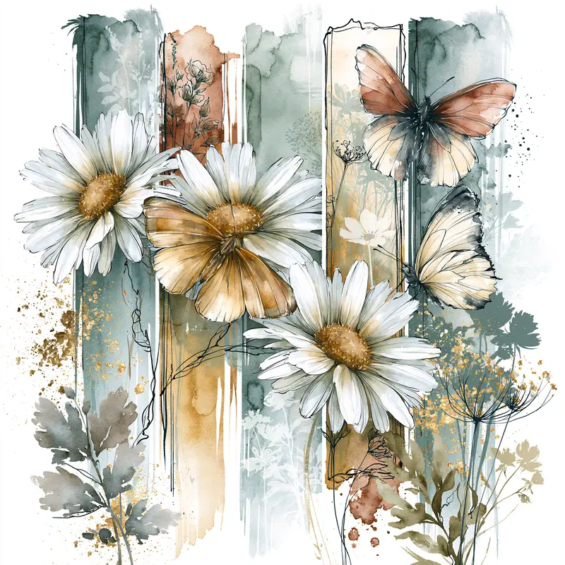 Watercolor Illustration of Daisies and Butterflies in Soft Tones