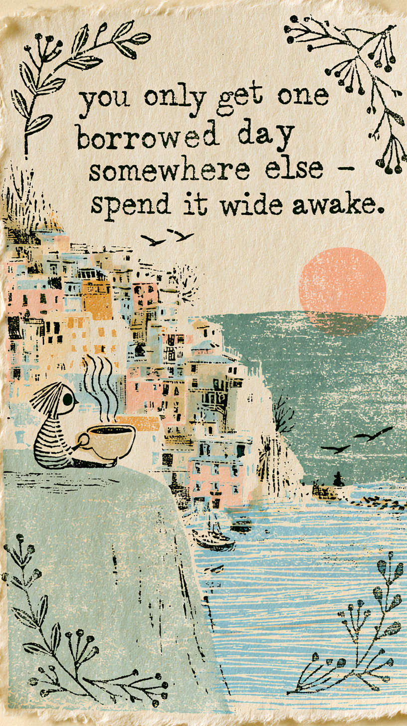 An artistic illustration of a coastal landscape with cliffs and a sunset, featuring a figure holding a cup. The scene includes stylized foliage and a motivational quote.