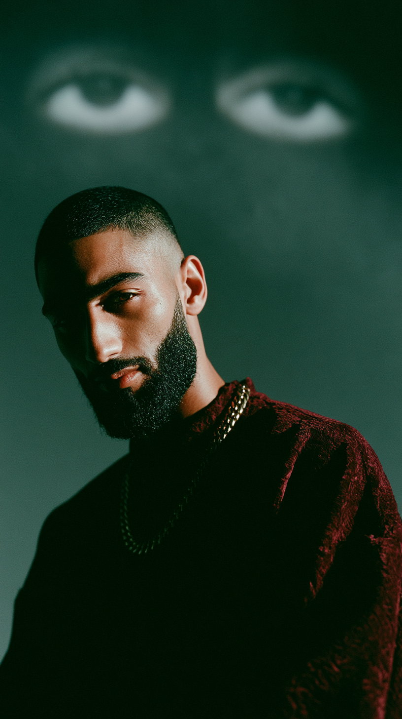 A man with a well-groomed beard and short hair wears a textured maroon sweater, with chain jewelry and a mysterious eye pattern in the background.