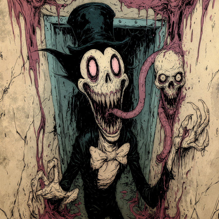 A skeletal figure with a bow tie and top hat, emerging from a wall with a sinister expression, accompanied by a skull and pink tendrils.