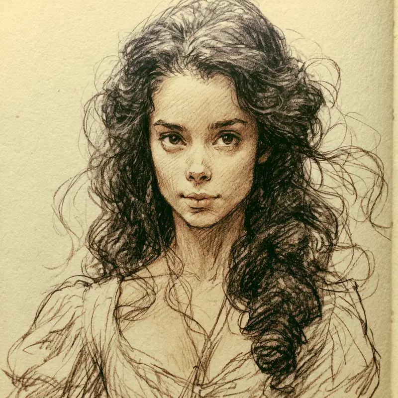 Detailed Sketch of a Young Woman with Curly Hair