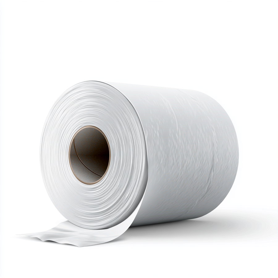 A large roll of white paper with a smooth texture, partially unrolled on a plain white background.