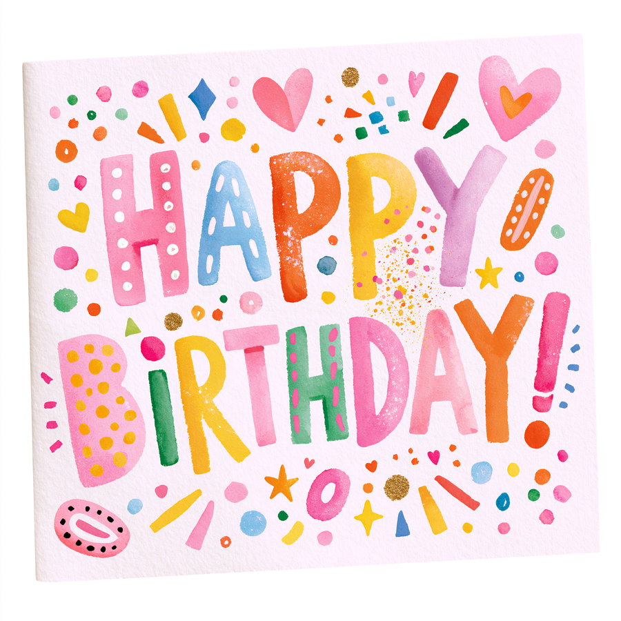 A greeting card featuring the text 'HAPPY BIRTHDAY!' in colorful letters with various playful shapes and patterns around it.