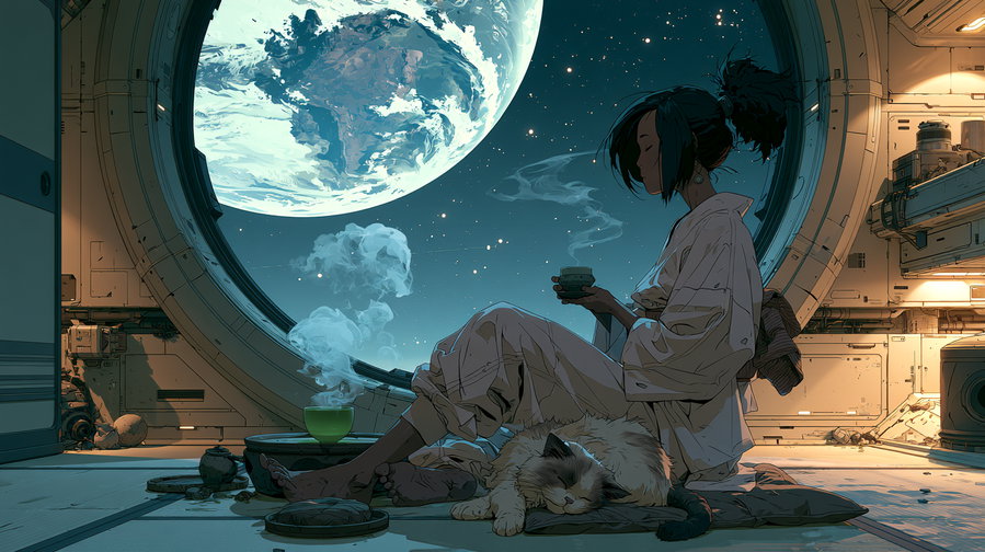 A woman sitting on a mat in a futuristic room, holding a cup, with a cat beside her. A large window shows a view of Earth and stars.