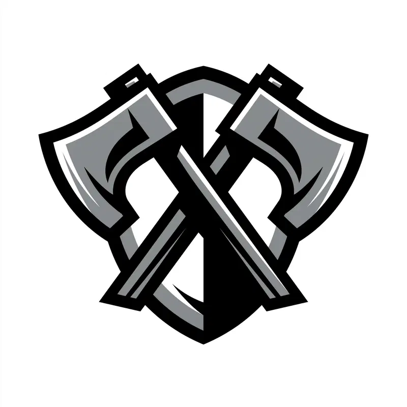 Logo featuring crossed axes and shield design