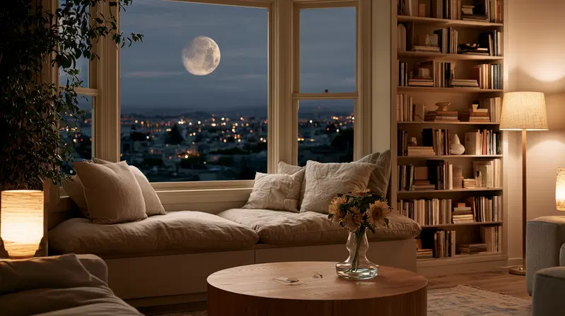 Cozy Living Room with Moonlit City View and Soft Decor