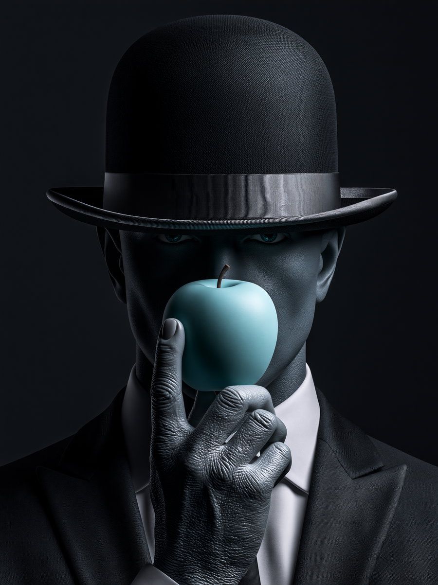 A surreal depiction of a man in a suit and bowler hat, holding a turquoise apple to his face against a dark background.