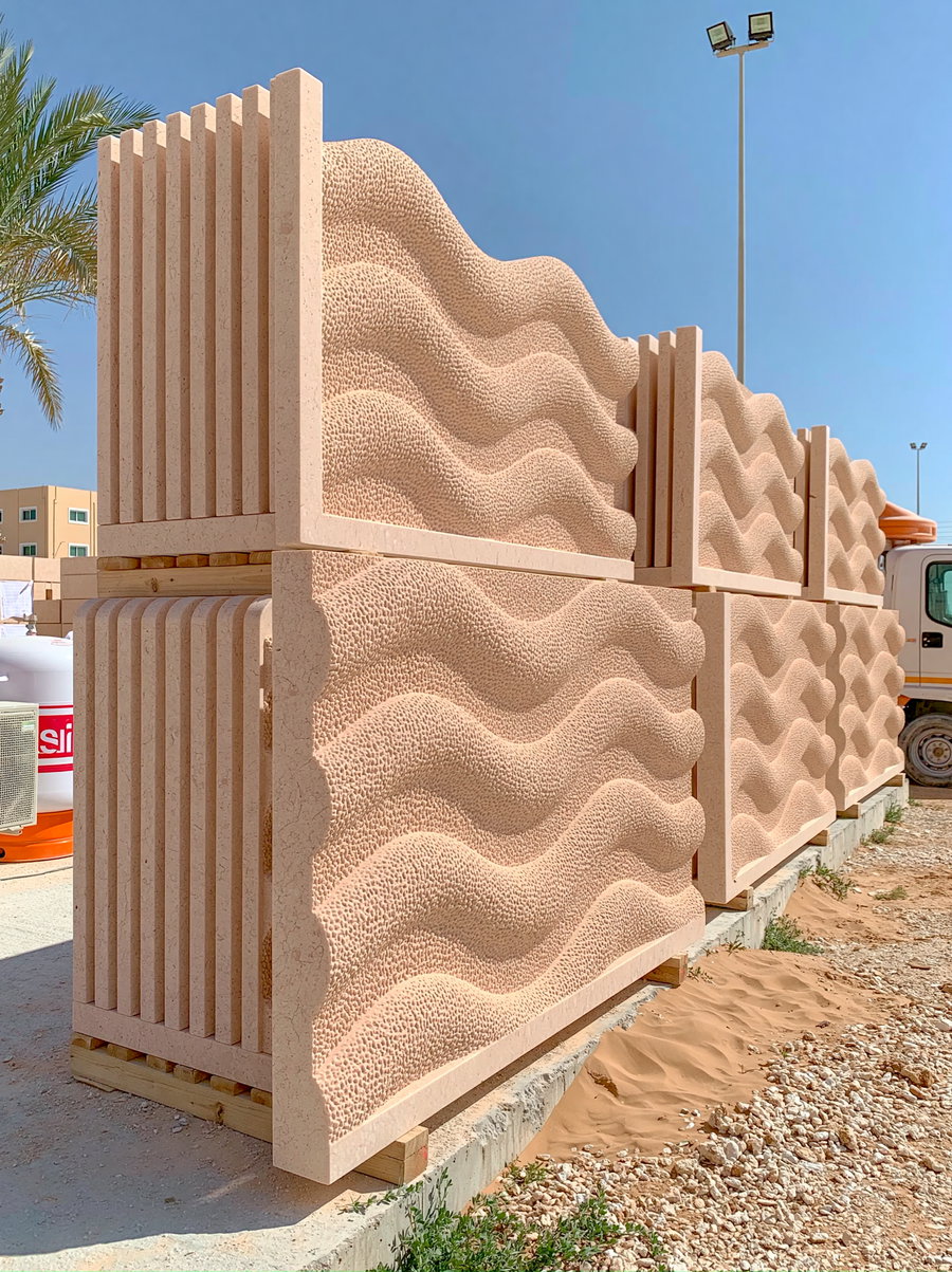 Textured architectural panels with wavy patterns stacked outdoors.